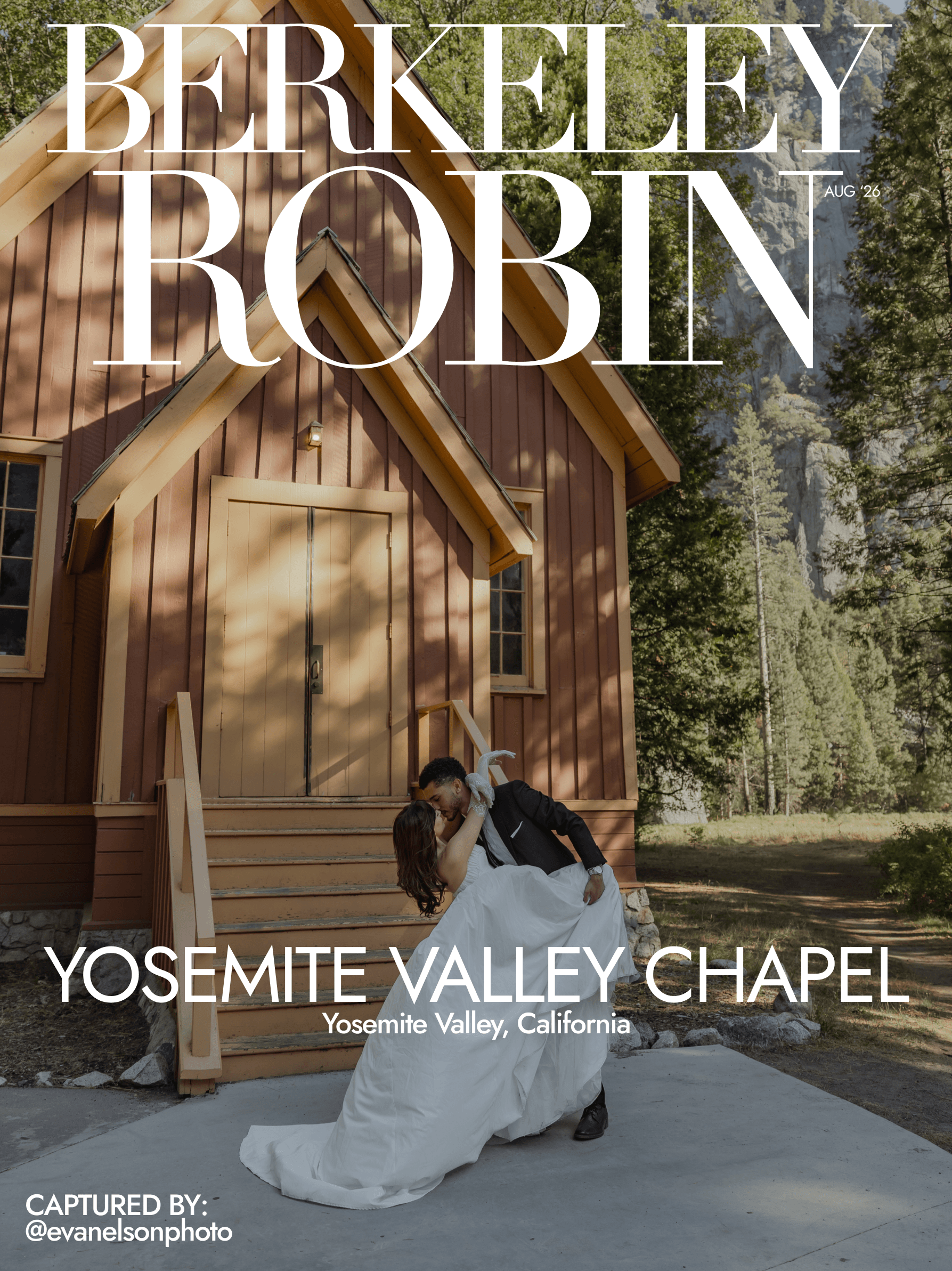 Berkeley and Robin embracing outside Yosemite Valley Chapel beneath Yosemite granite cliffs